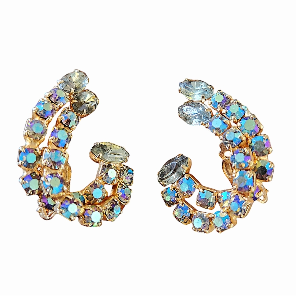 AB Blue Rhinestone Clip On Vintage Earrings 1950s 1960s